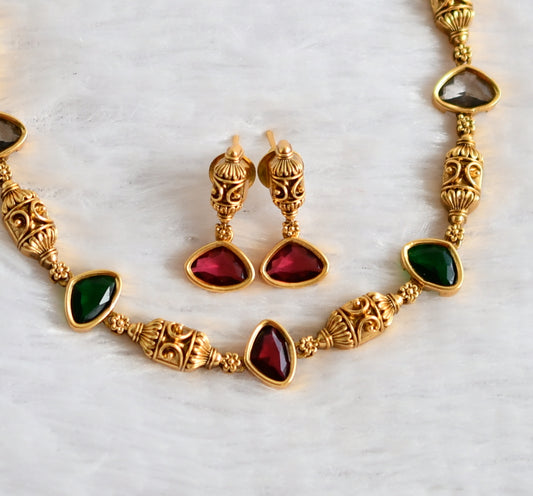 Antique gold tone green-magenta pink-charcoal grey stone necklace set dj-49733