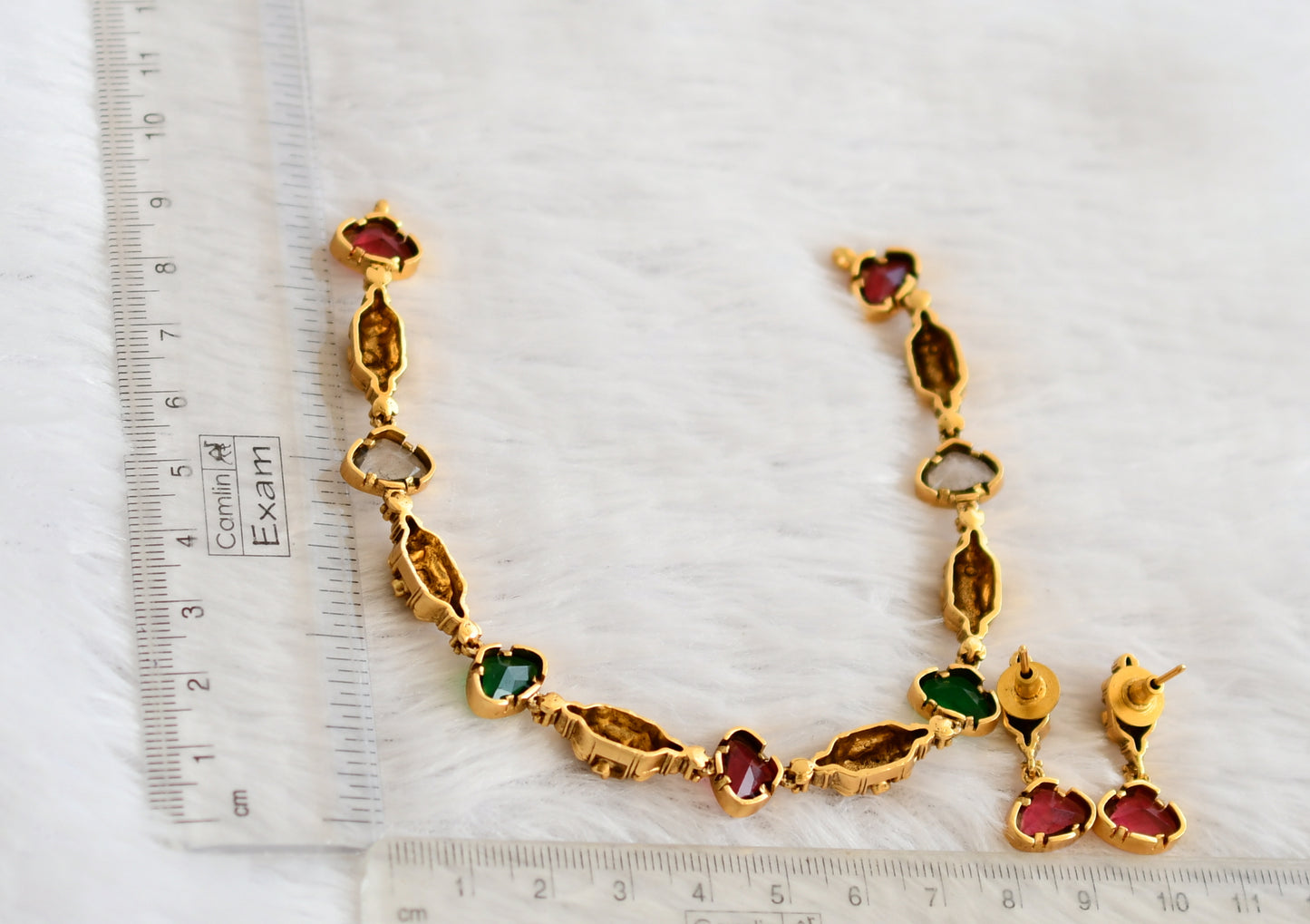 Antique gold tone green-magenta pink-charcoal grey stone necklace set dj-49733