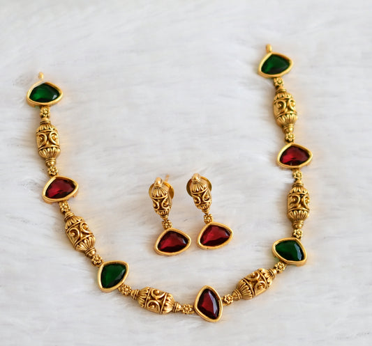 Antique gold tone green-magenta pink stone necklace set dj-49730