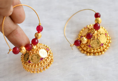 Gold tone ruby lakshmi coin hoop jhumkka dj-46214