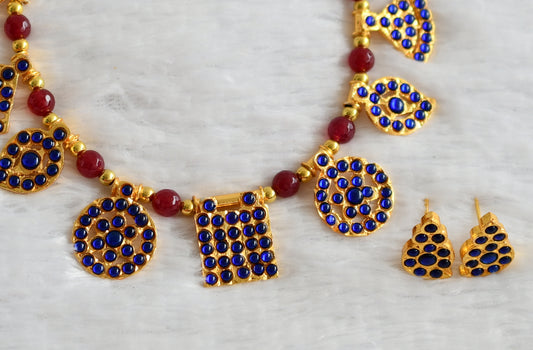 Gold tone ruby beaded blue stone saradu attigai necklace set dj-49734