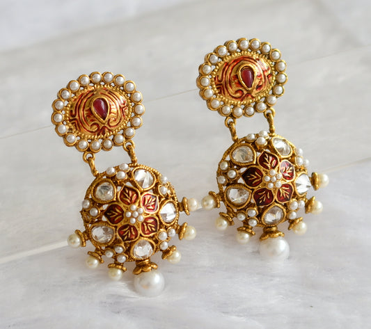 Antique gold tone red-white-pearl meenakari earrings dj-46211