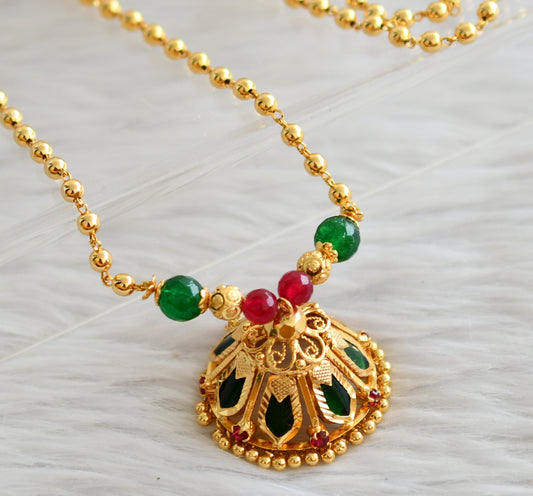 Gold tone kerala style pink-green nagapadam jhumkka pendant with ball chain dj-44414