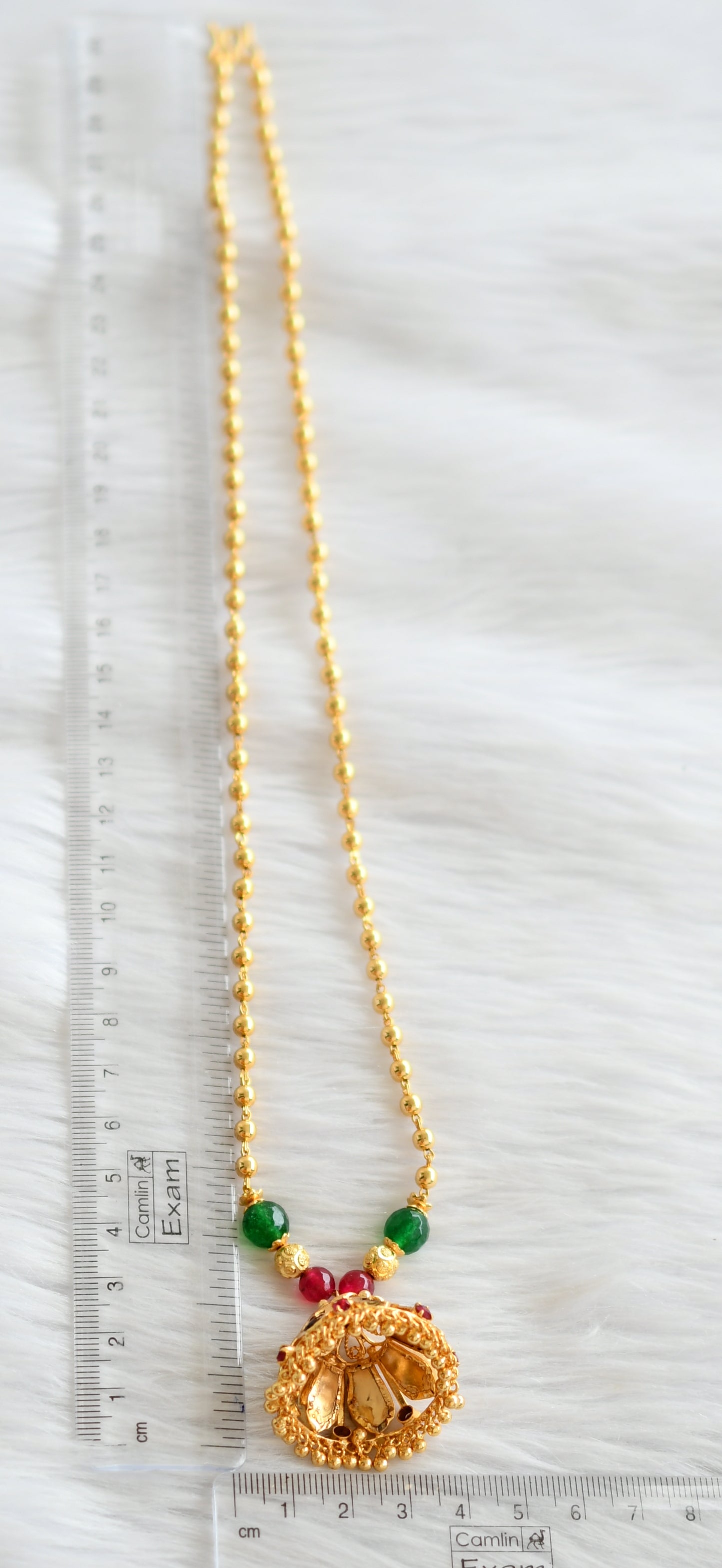 Gold tone kerala style pink-green nagapadam jhumkka pendant with ball chain dj-44414