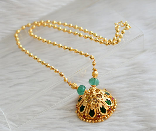 Gold tone pink-green nagapadam jhumkka pendant with ball chain dj-44415
