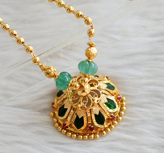 Gold tone pink-green nagapadam jhumkka pendant with ball chain dj-44415