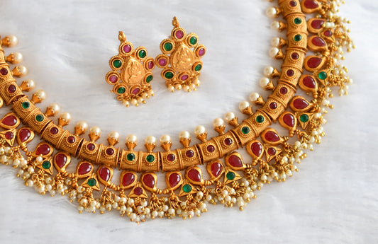 Matte finish ruby-green gutta pusalu mango necklace set dj-46216
