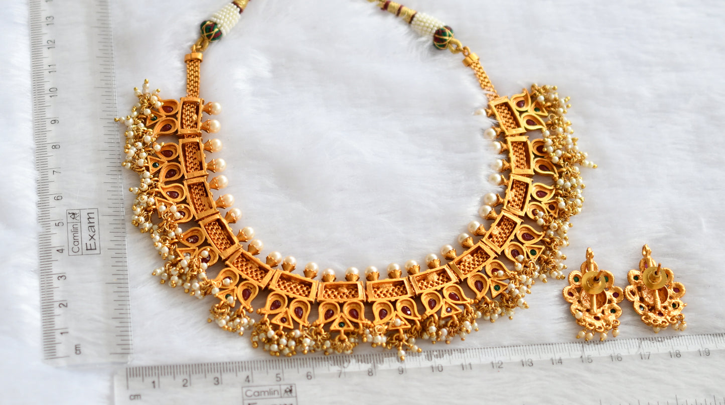 Matte finish ruby-green gutta pusalu mango necklace set dj-46216