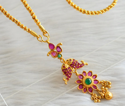 Gold tone 24 inches rope chain with ruby-green flower fish pendant dj-44425