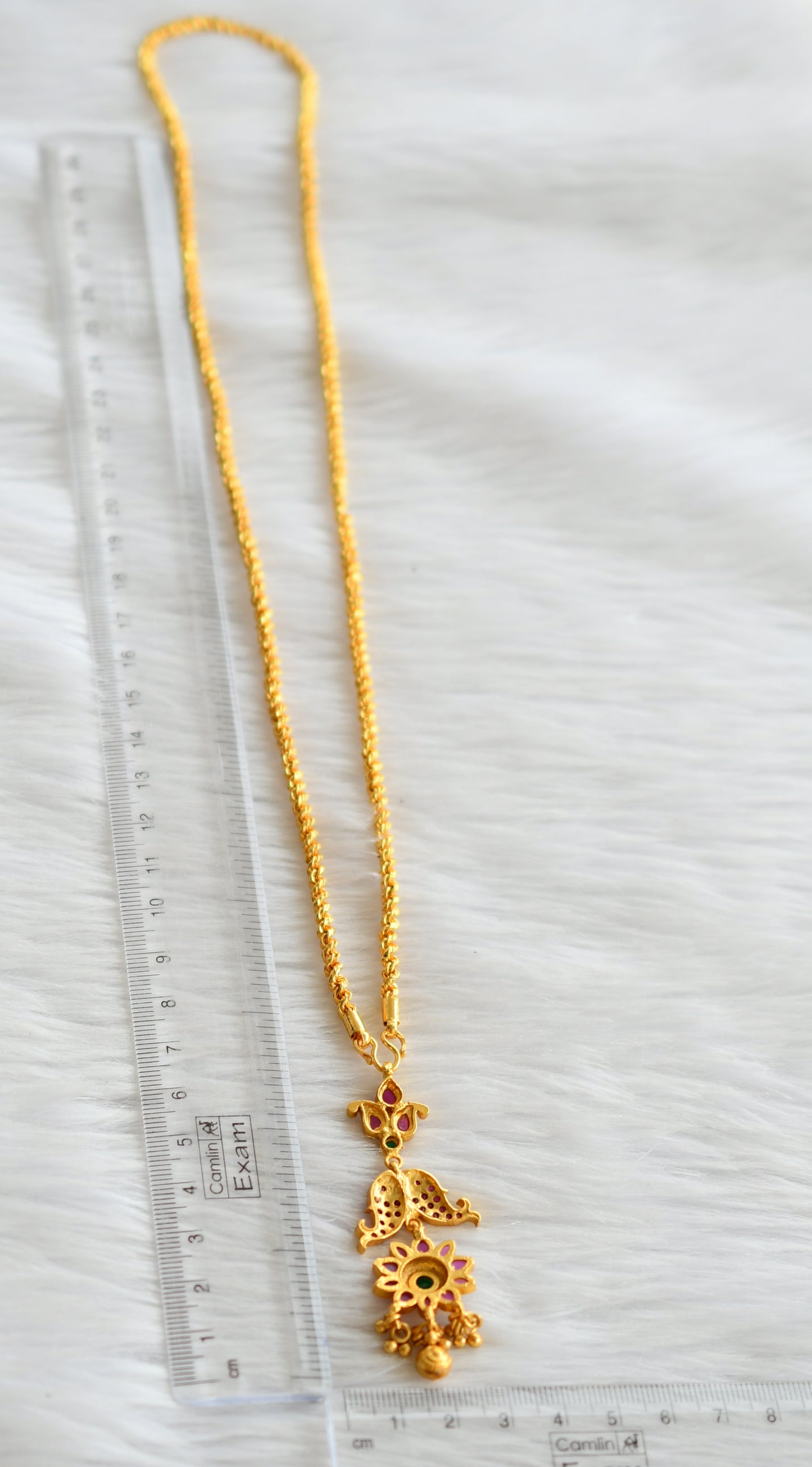 Gold tone 24 inches rope chain with ruby-green flower fish pendant dj-44425