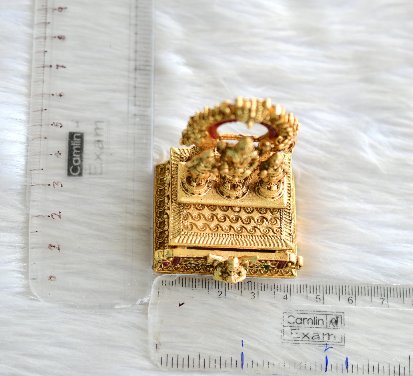 Antique gold tone Kemp-green Shri Thirumal kumkum box dj-42940