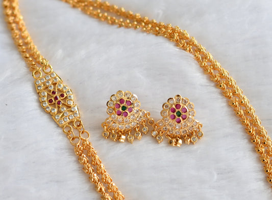 Gold tone ad pink-white double layer mugappu chain set dj-46229