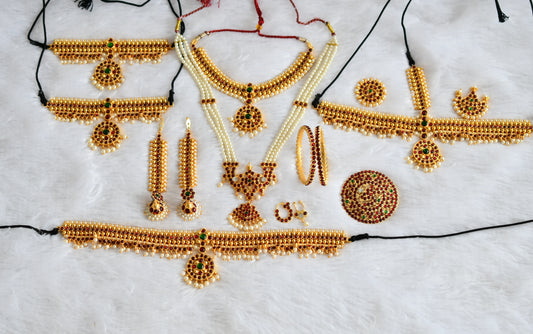 Gold tone kemp-green-white pearl kid's bridal set dj-49750