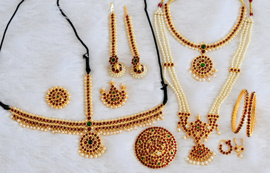 Gold tone kemp-green-white pearl kid's bridal set dj-49751
