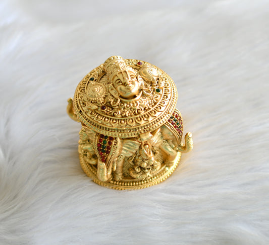 Antique gold tone Kemp-green Shri Balaji Lakshmi kumkum box dj-42944