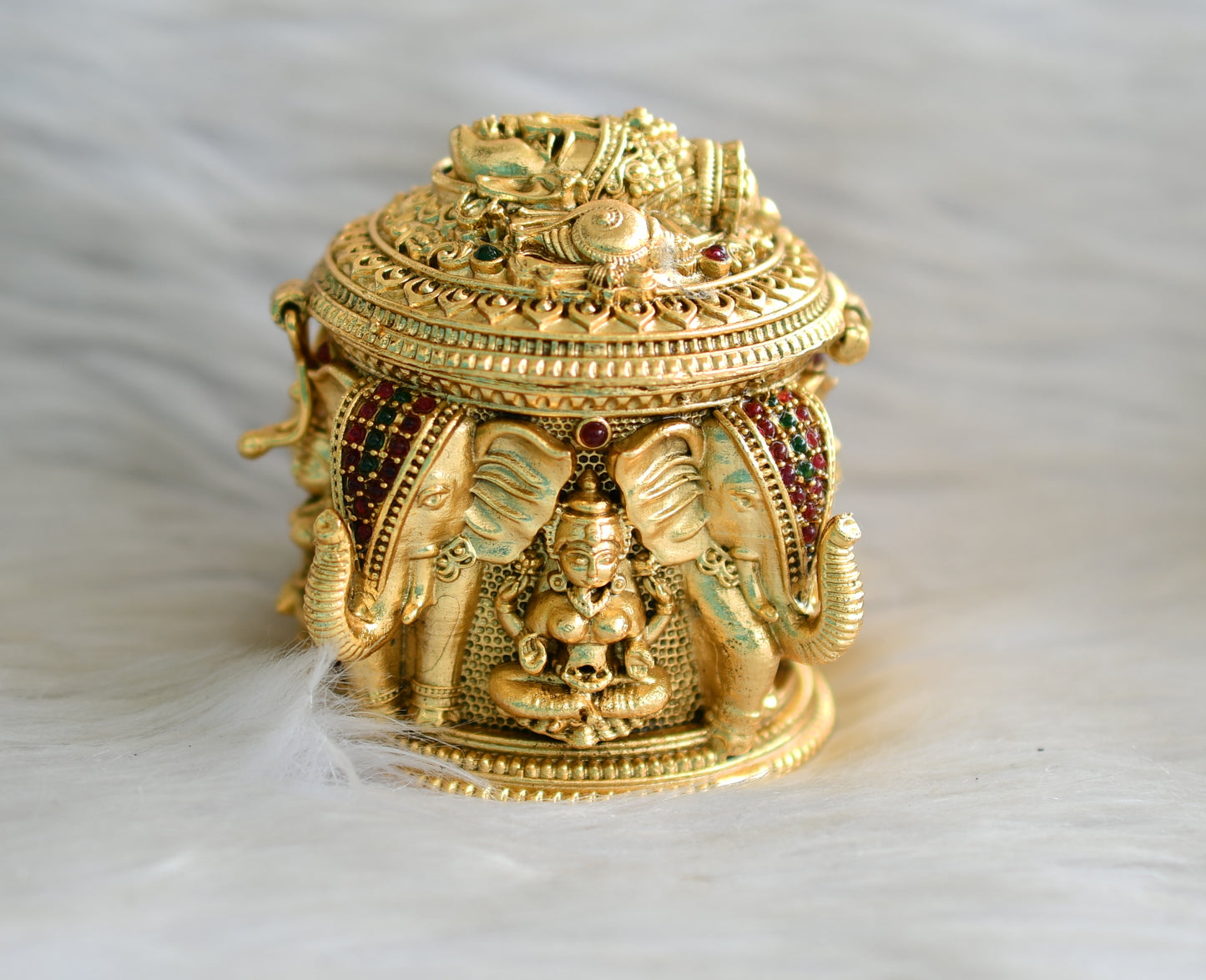 Antique gold tone Kemp-green Shri Balaji Lakshmi kumkum box dj-42944