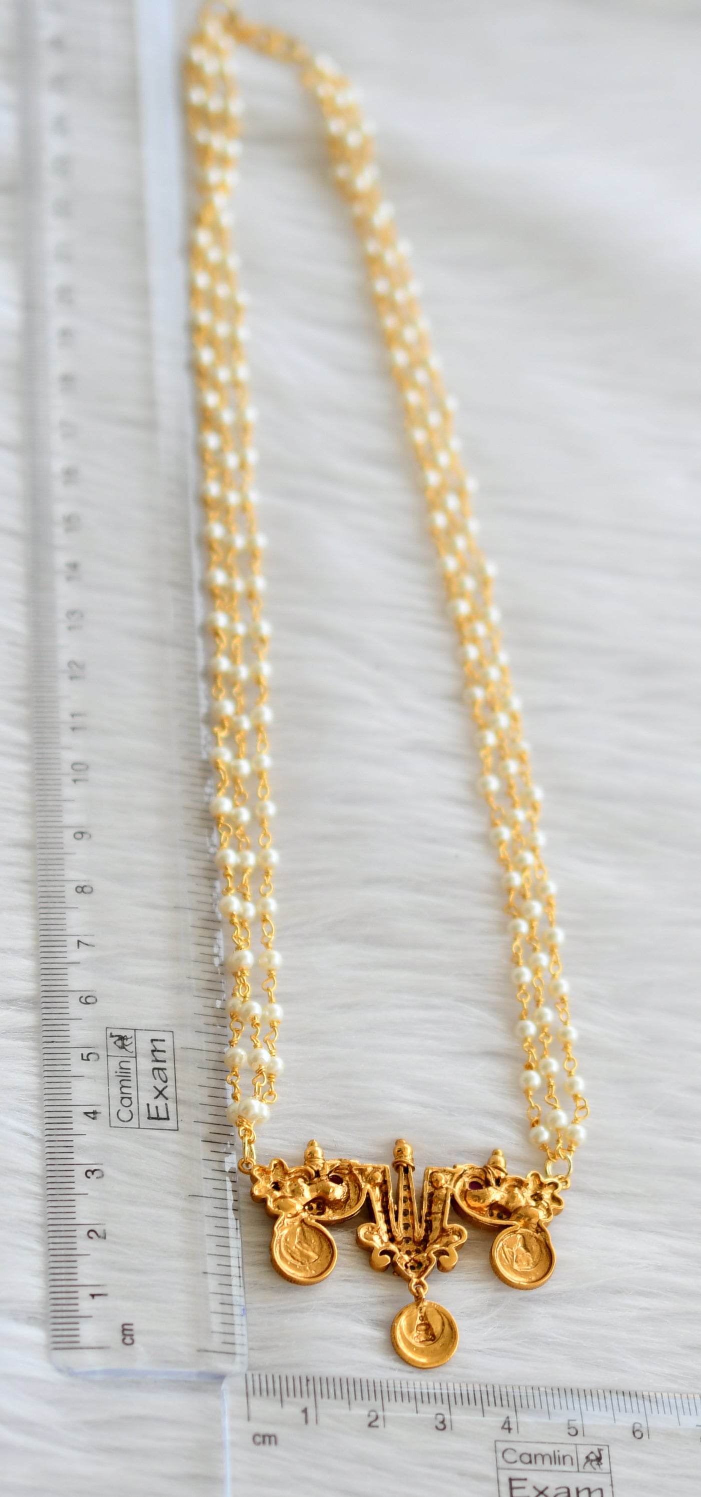 Matte finish kemp-green-white Thirumal nama peacock pearl necklace dj-44422