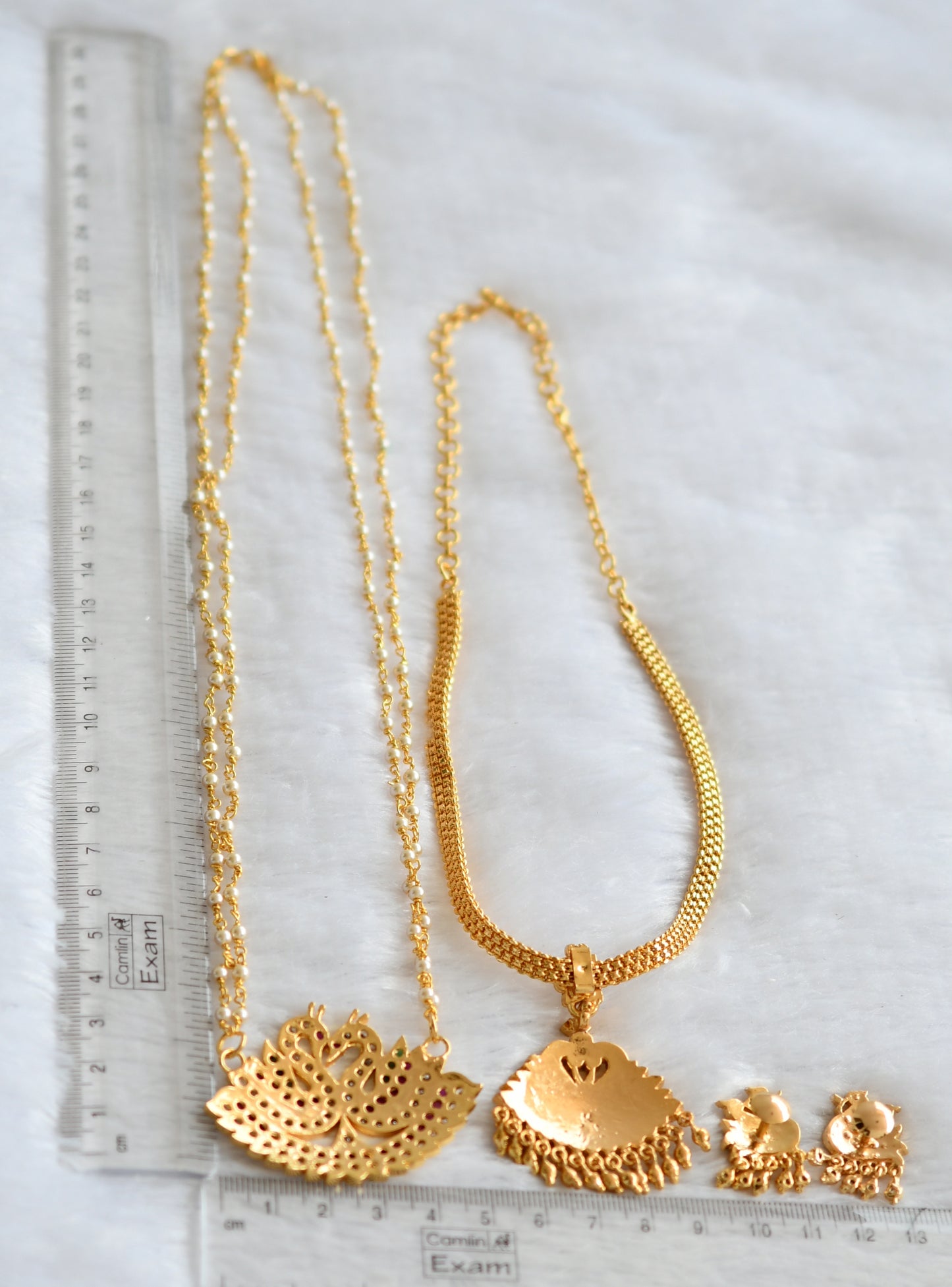 Gold tone ad pink-green-white pearl swan combo necklace set dj-46244