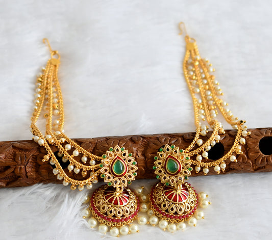 Gold tone red-green thilak jhumkka with pearl ear side chain dj-49787