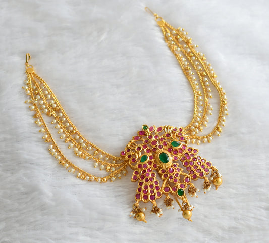 Gold tone ruby-green pearl peacock hair jewel dj-46236
