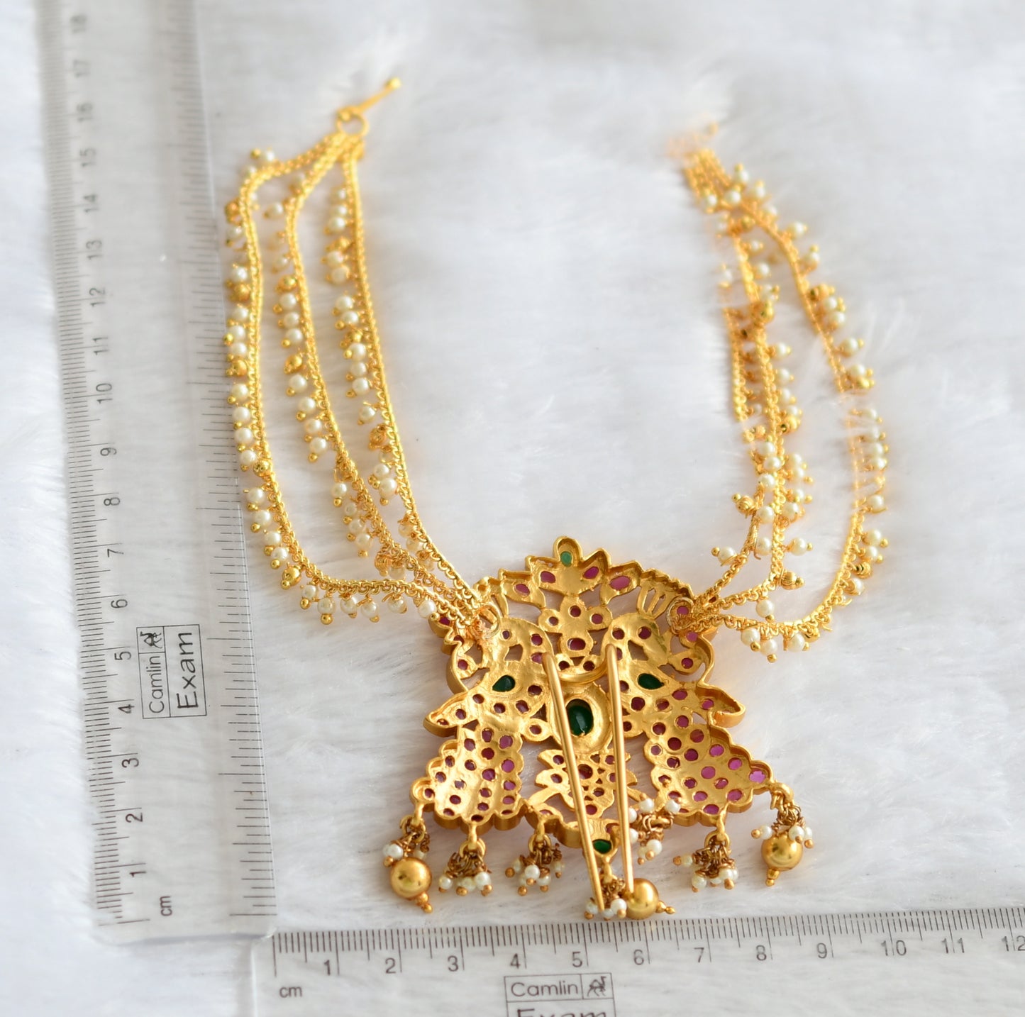 Gold tone ruby-green pearl peacock hair jewel dj-46236