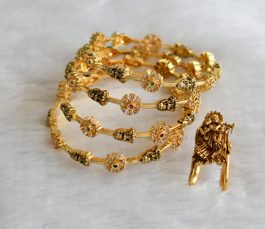 Antique gold tone ruby-green-white lakshmi set of 4 bangles(2.6) with radha-krishna vanki finger ring dj-46246