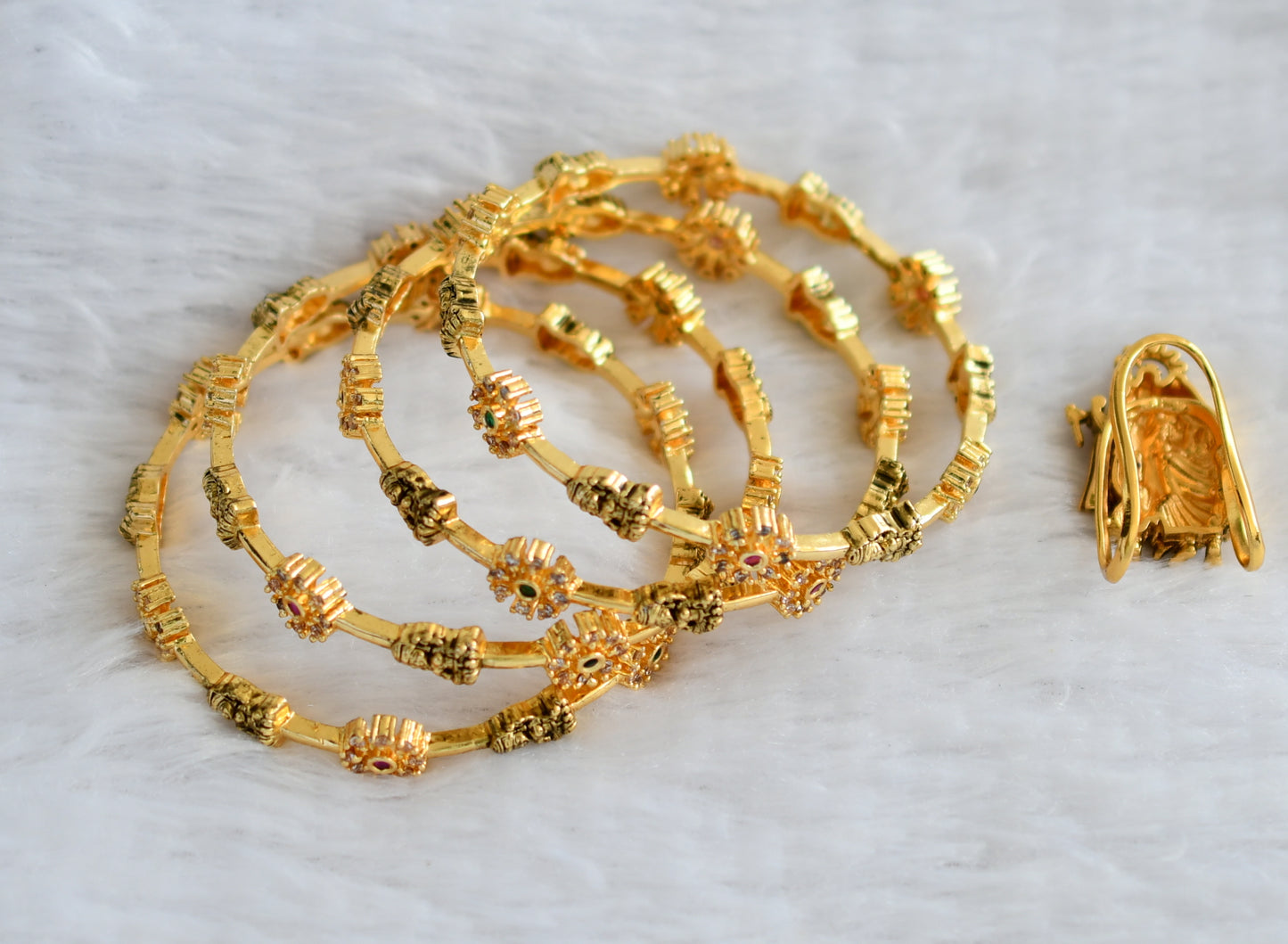 Antique gold tone ruby-green-white lakshmi set of 4 bangles(2.6) with radha-krishna vanki finger ring dj-46246