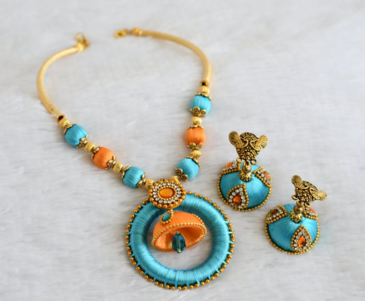 Silk thread blue-orange necklace set dj-49783