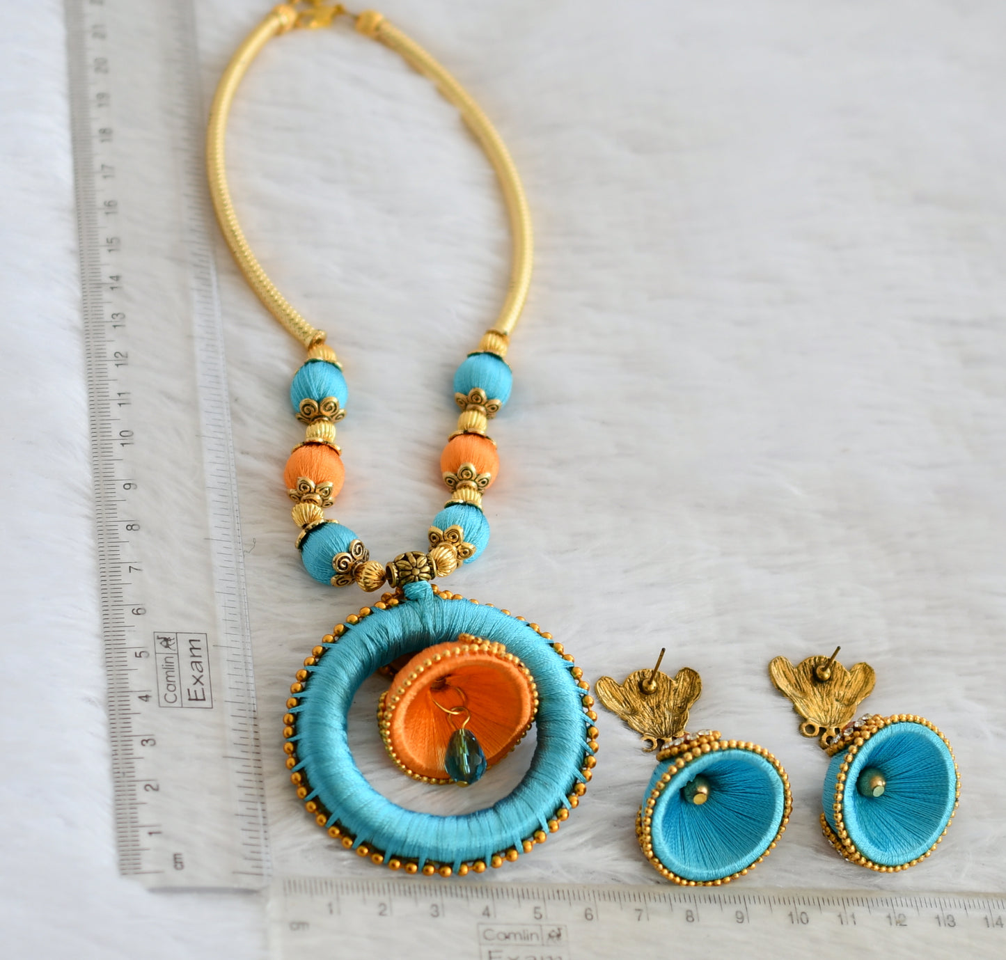 Silk thread blue-orange necklace set dj-49783