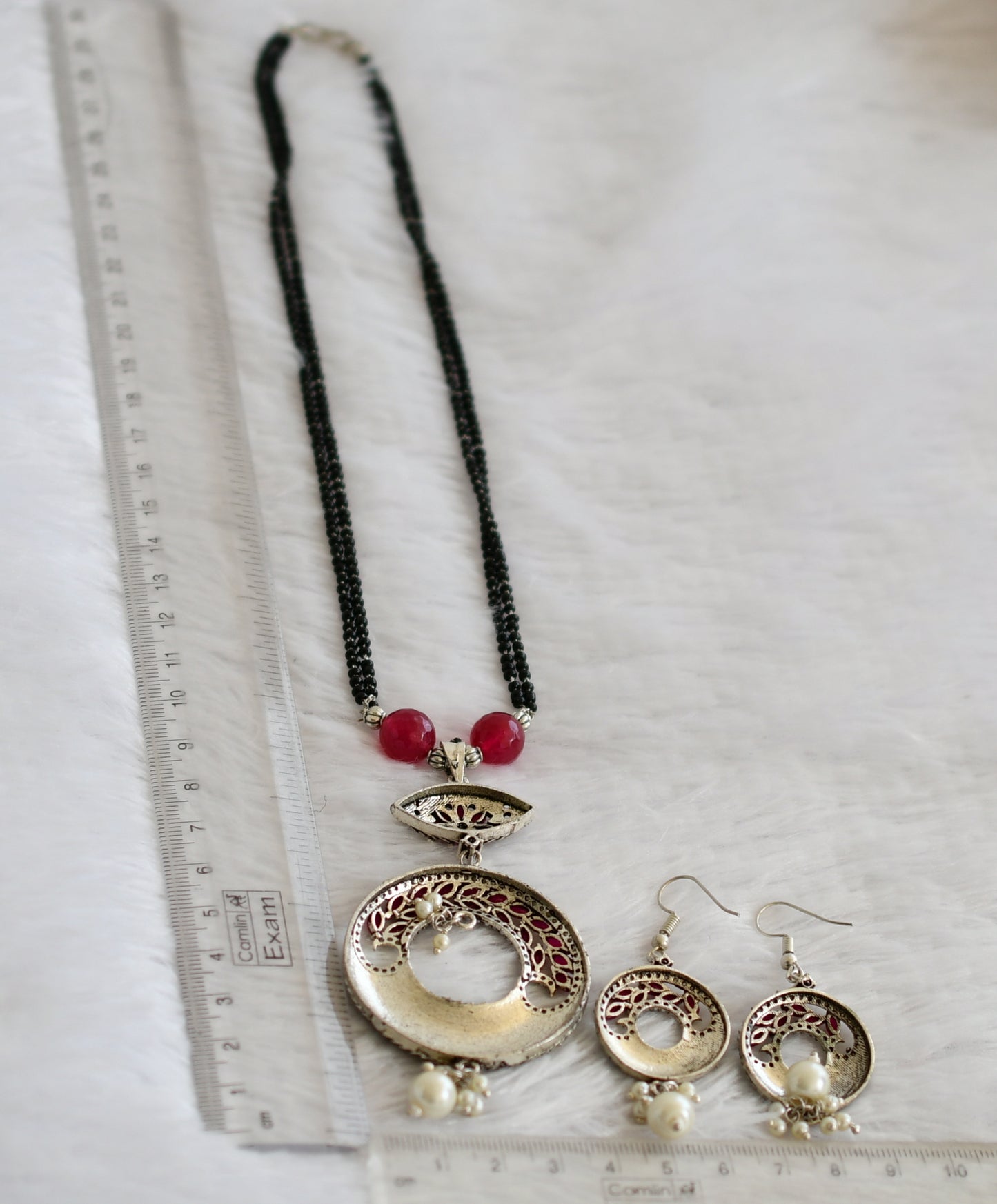 Silver tone ruby-pearl mangalsutra set dj-49785