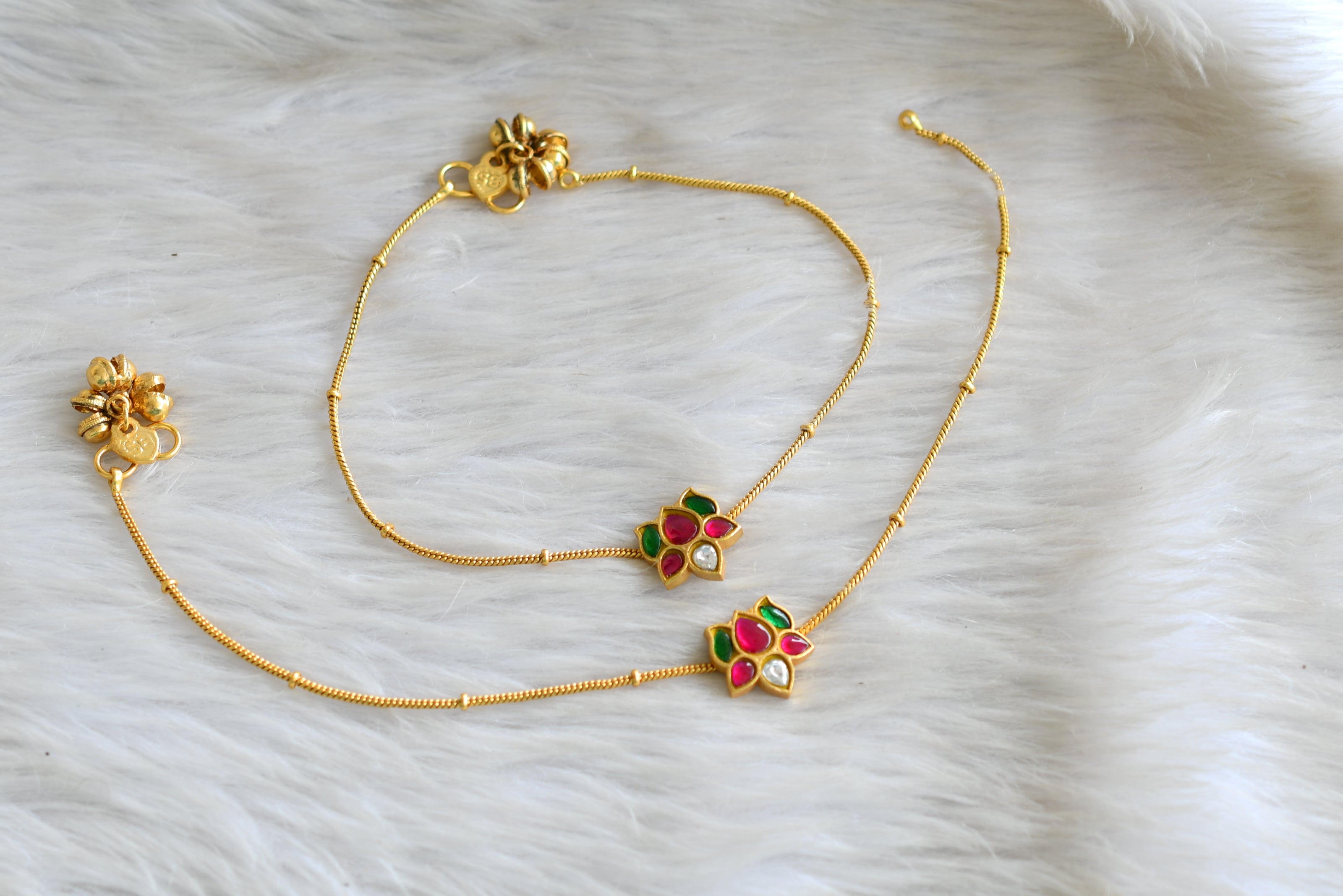 Gold tone pinkgreenwhite lotus kundan jadau anklets dj42967 dreamjwell