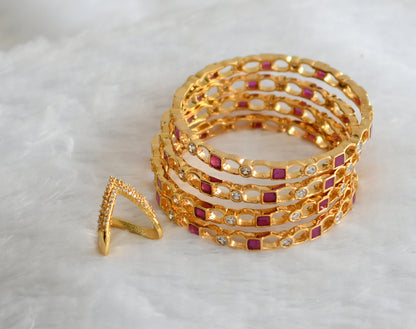 Gold tone ruby-white set of 4 bangles(2.6) with finger ring dj-46245