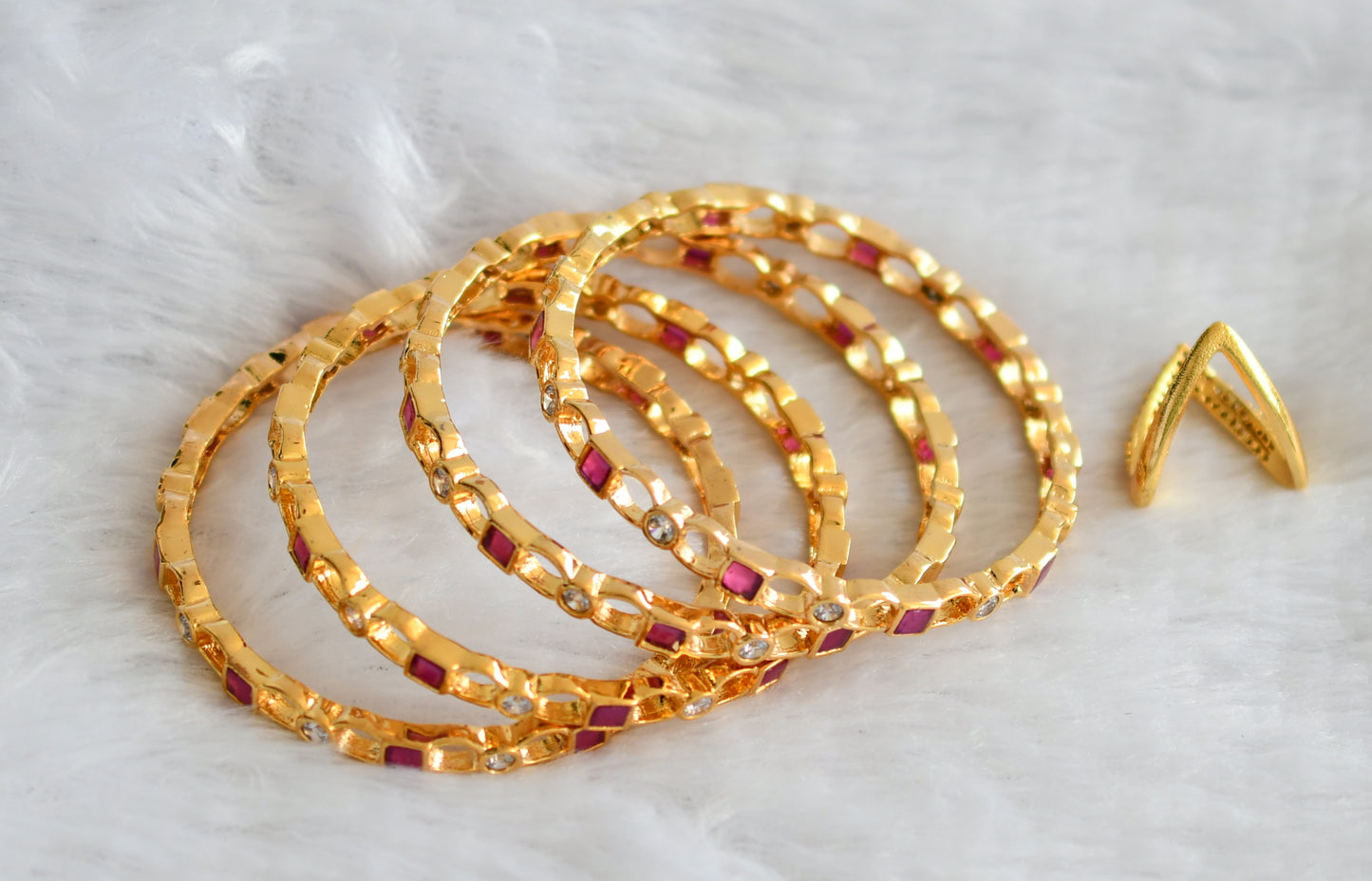 Gold tone ruby-white set of 4 bangles(2.6) with finger ring dj-46245