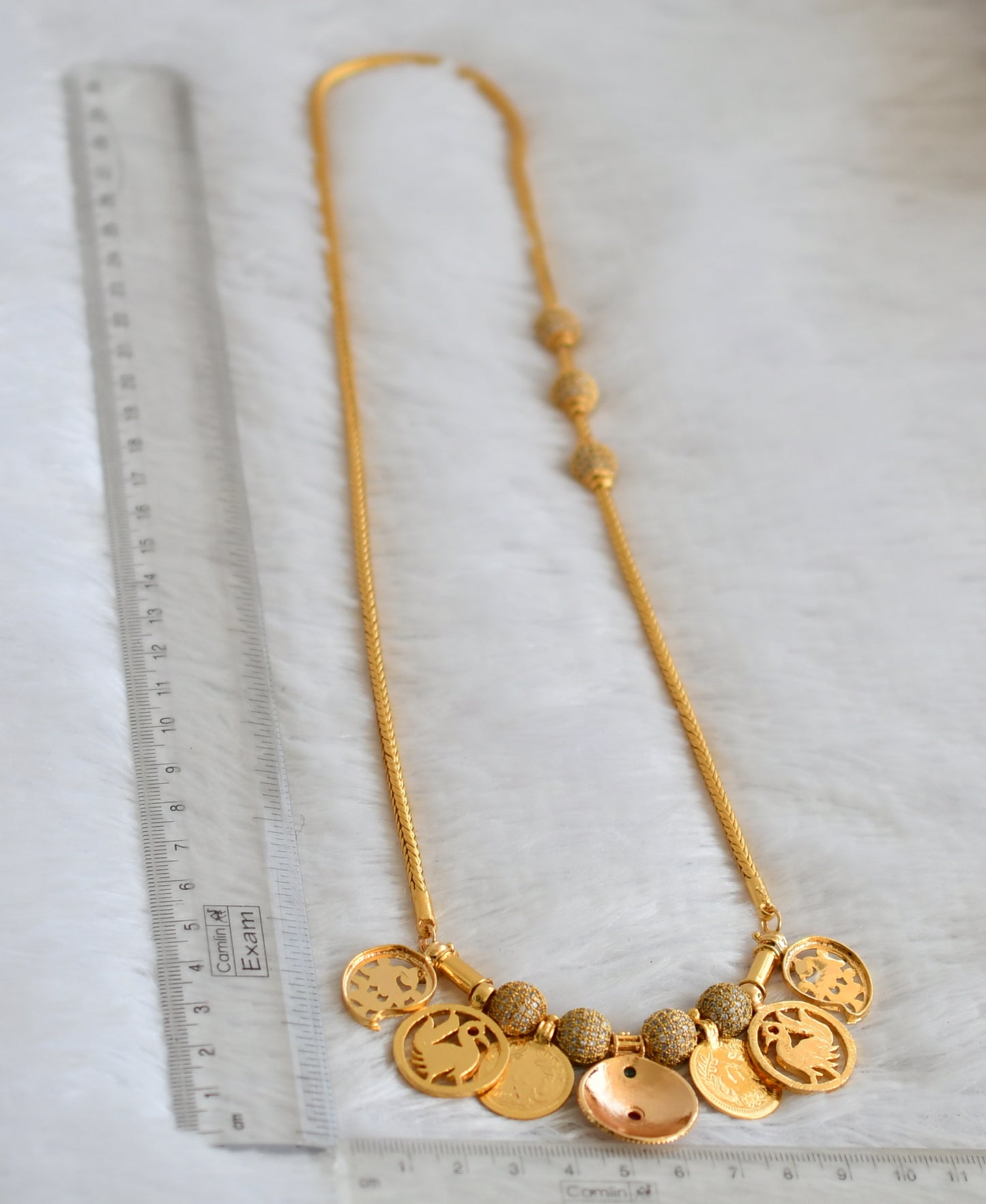 Gold tone 24 inches cz ball mugappu chain with cz ruby-green swan lakshmi coin mango flower bottu mangalyam dj-49776