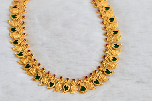 Gold tone kerala style pink-green lakshmi mango haar dj-49759