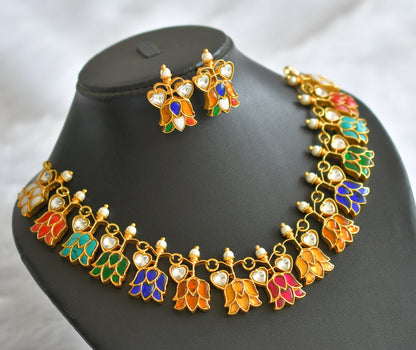 Gold tone navarathna kundan jadau lotus heart necklace set dj-46252