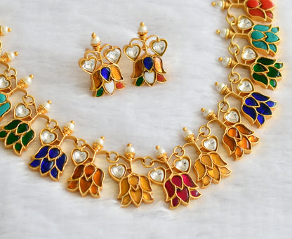 Gold tone navarathna kundan jadau lotus heart necklace set dj-46252