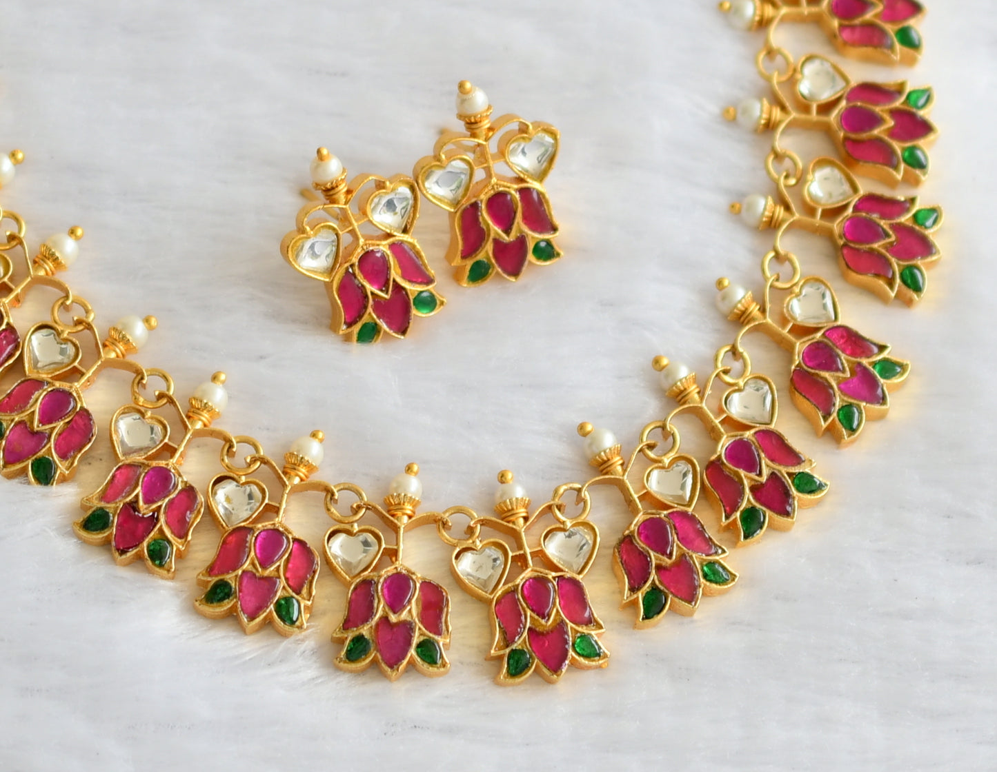 Gold tone pink-green-white pearl kundan jadau lotus heart necklace set dj-46251