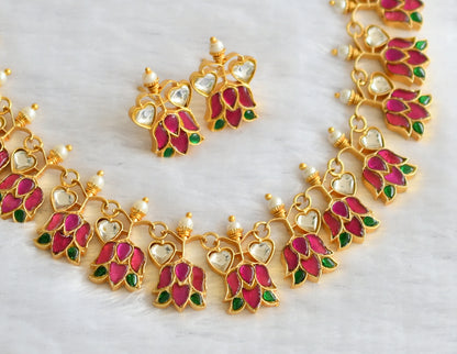 Gold tone pink-green-white pearl kundan jadau lotus heart necklace set dj-46251