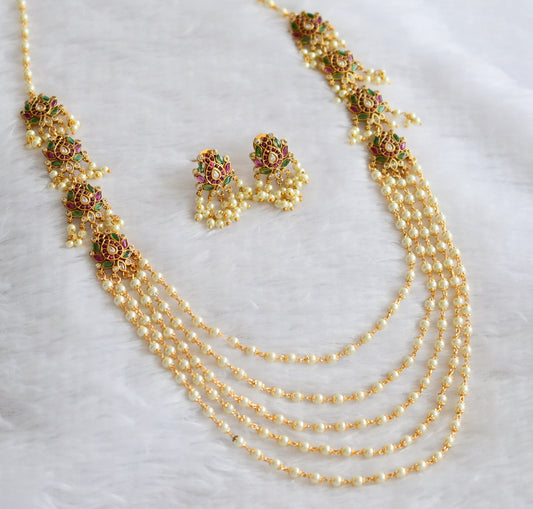 Matte finish kemp-green-white pearl multi layer lotus mugappu haar set dj-46257