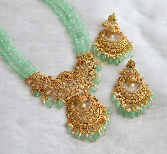 Matte finish ruby-green-white sea green beaded flower peacock haar set dj-46260