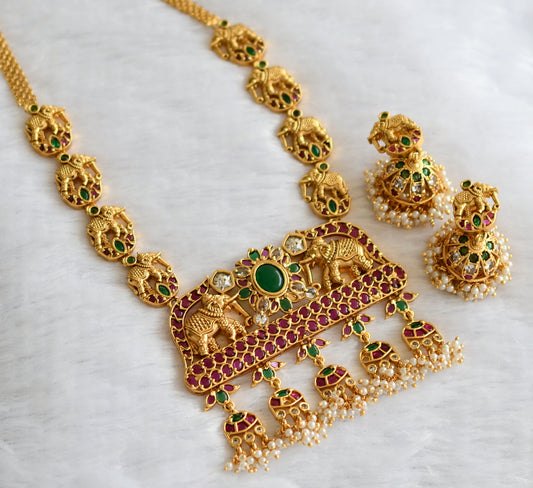 Matte finish kemp-green-white pearl cluster elephant necklace set dj-46258