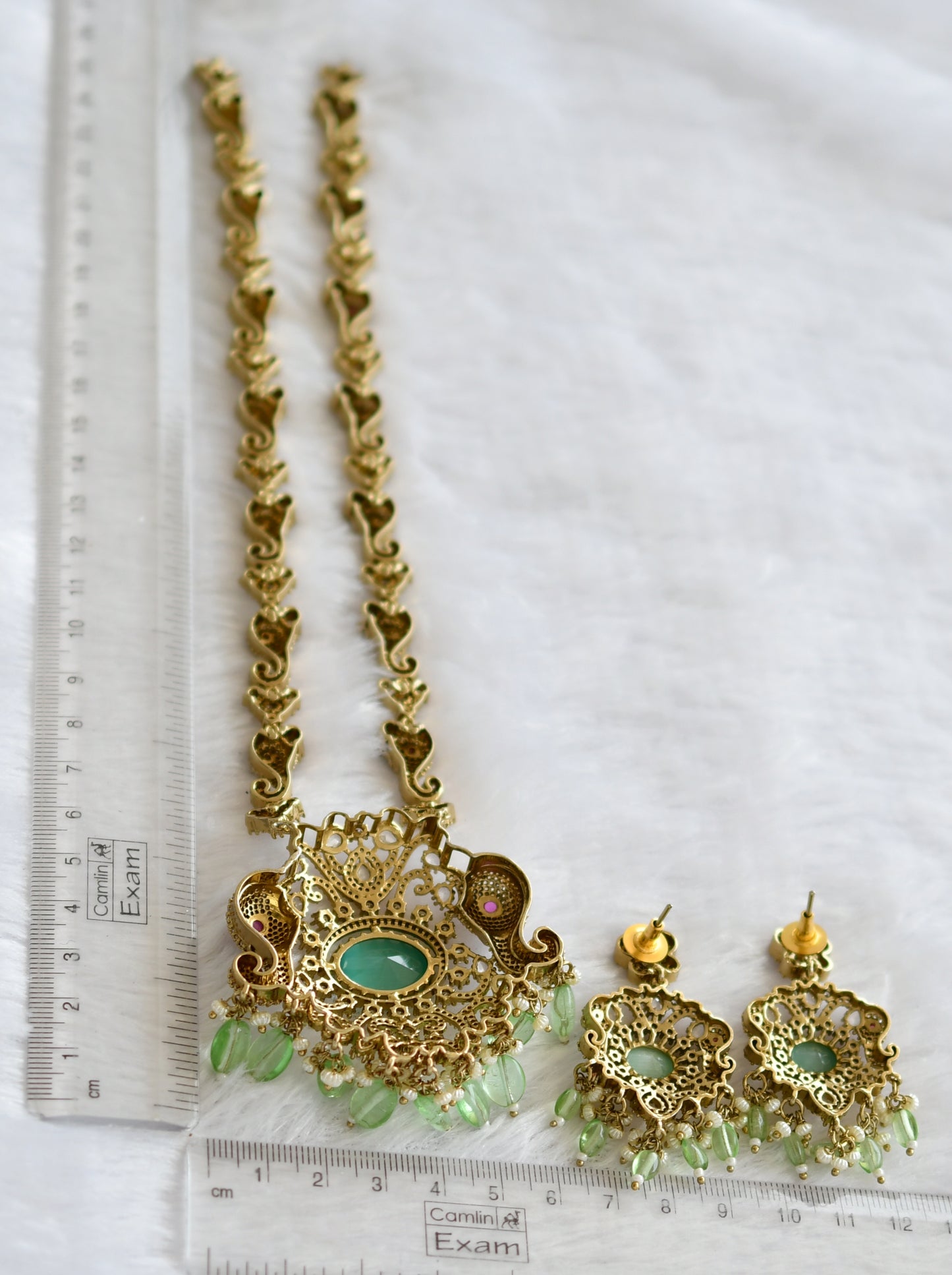 Antique gold tone pink-white sea green beaded victorian elephant haar set dj-46256