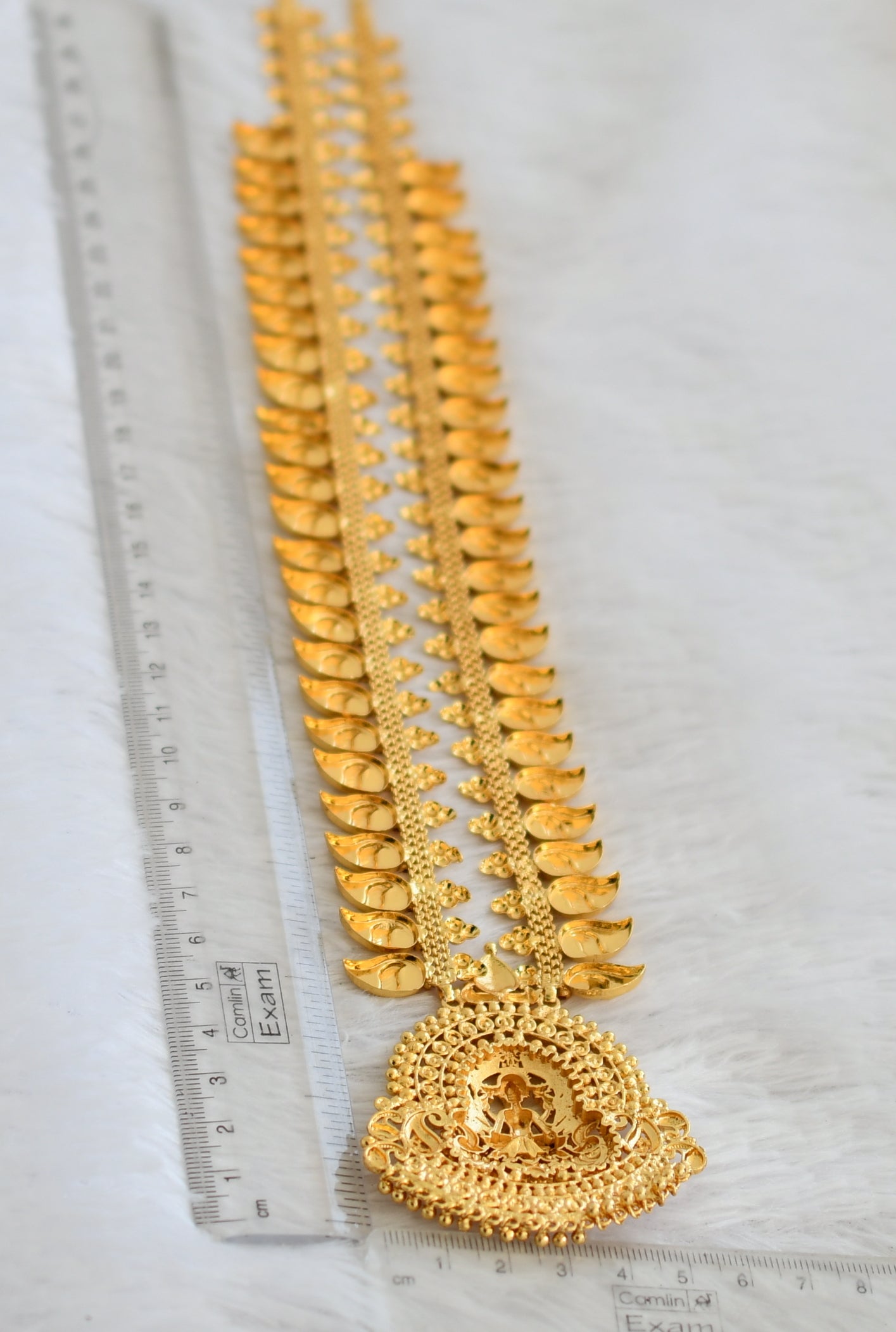 Gold tone kerala style kemp stone lakshmi peacock mango haar dj-49767
