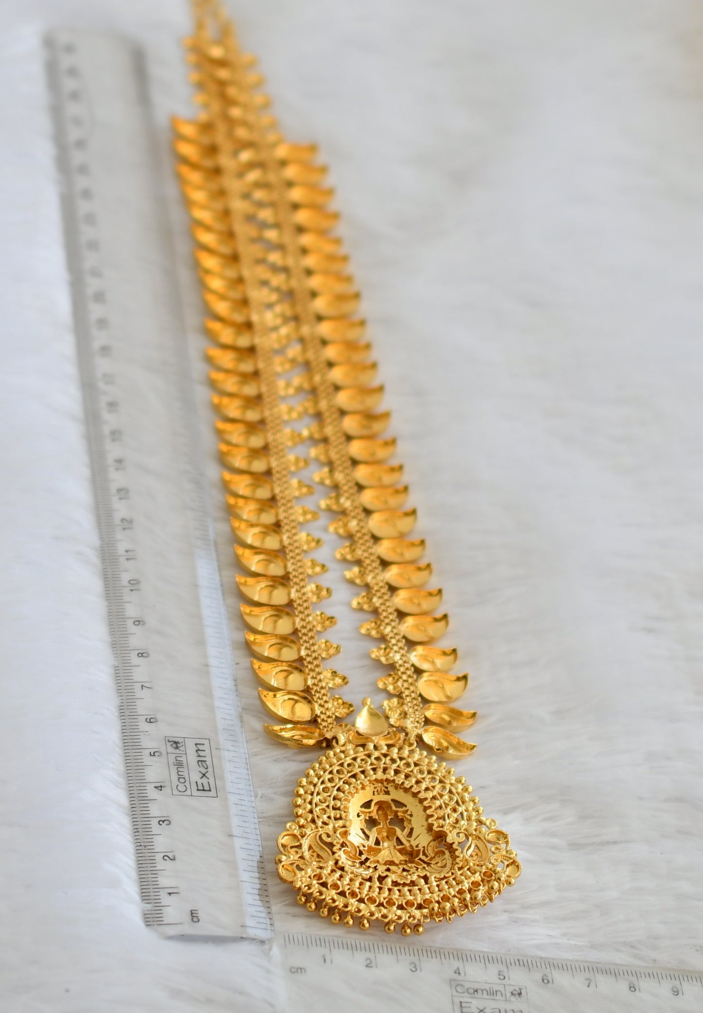 Gold tone kerala style kemp stone lakshmi peacock mango haar dj-49766