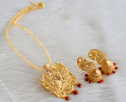 Gold tone coral beaded cz white peacock necklace set dj-44449