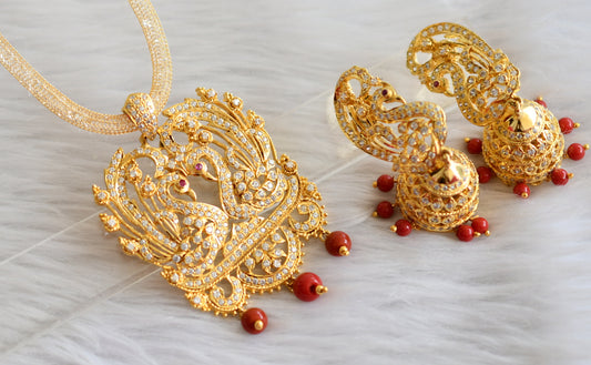 Gold tone coral beaded cz white peacock necklace set dj-44449
