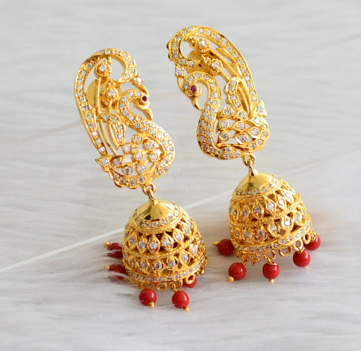 Gold tone coral beaded cz white peacock necklace set dj-44449
