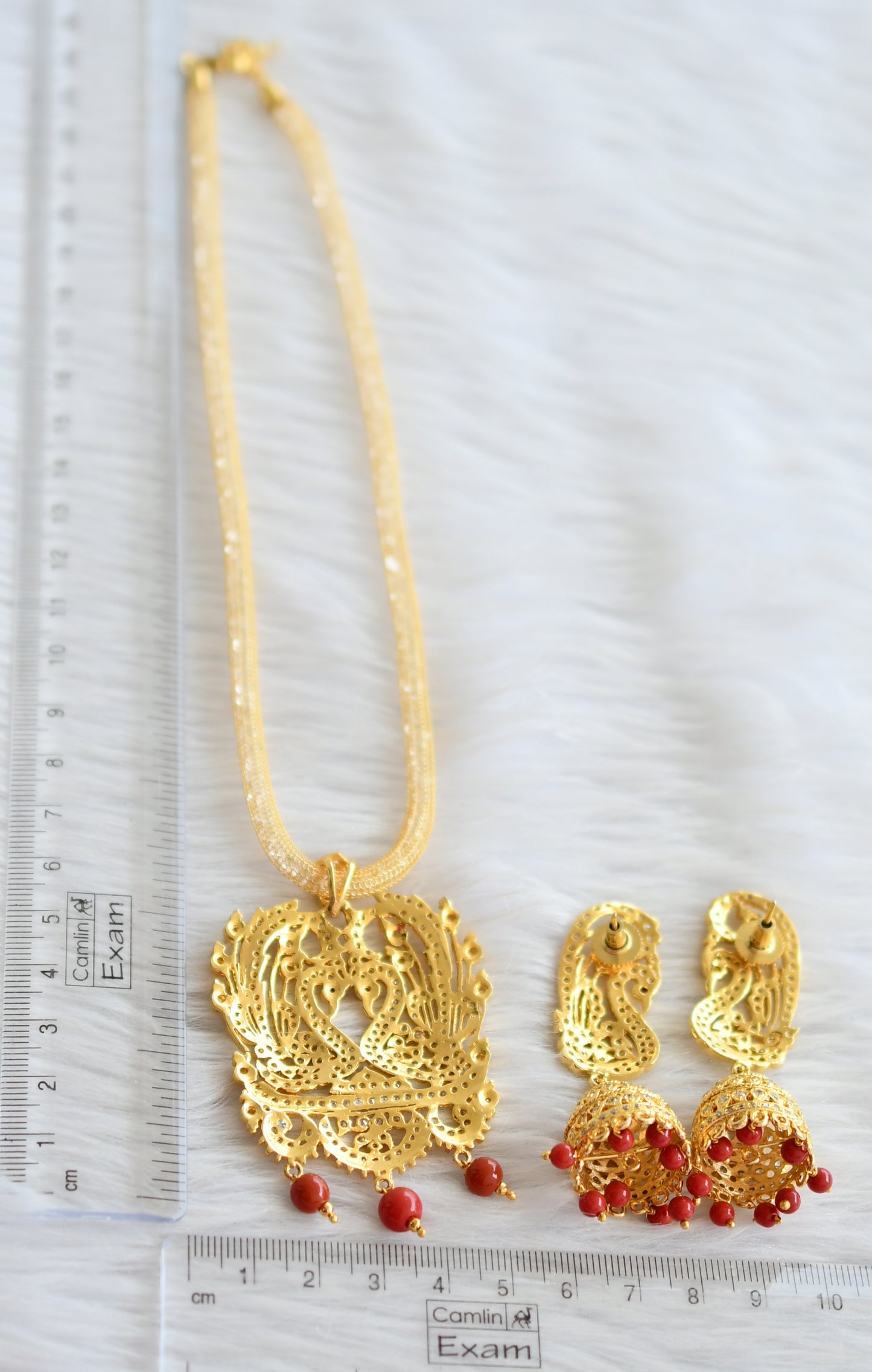 Gold tone coral beaded cz white peacock necklace set dj-44449