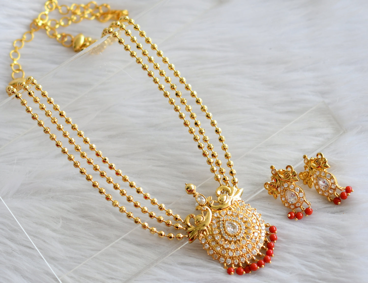 Gold tone coral beads cz white multi layer necklace set dj-44450